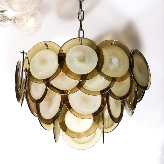 modernist four tier smoked topaz disc murano glass chandelier w chrome fittings 1643