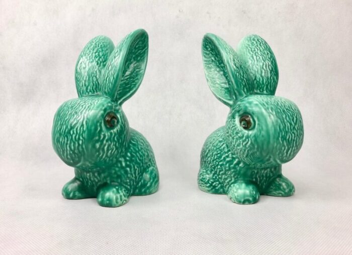 no 1028 green glazed rabbit from sylvac 1950s set of 2 2