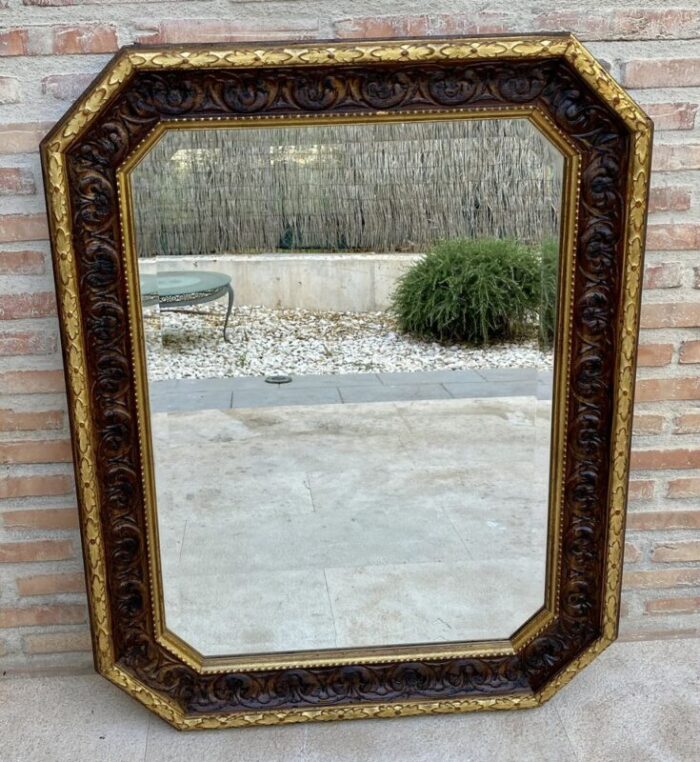 octogonal wall mirror with carved gold wooden frame 1940s 5