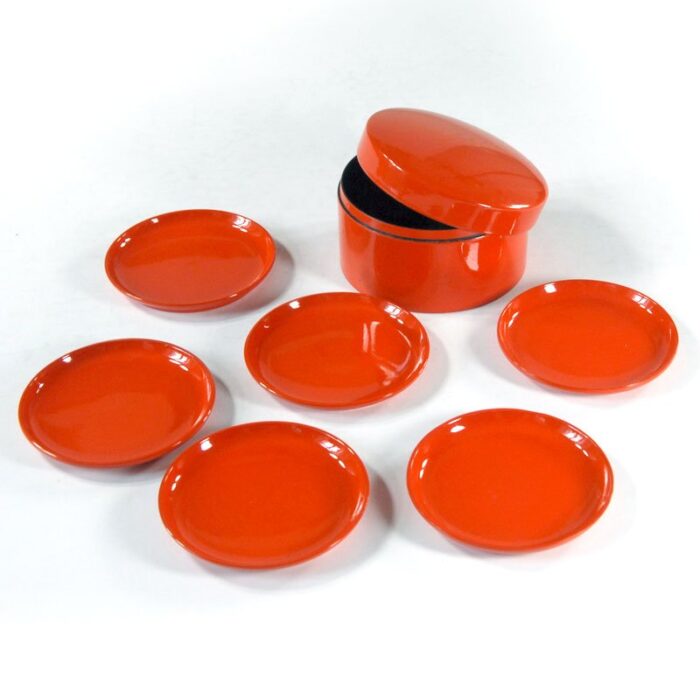 orange bakelite coasters denmark 1960s set of 6 7