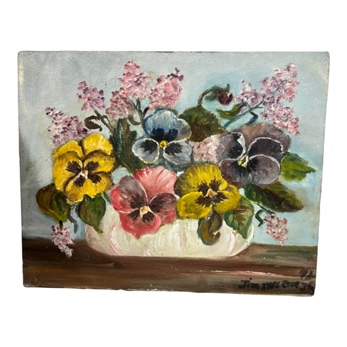 original art canvas on board pansies signed and dated 1972 9376