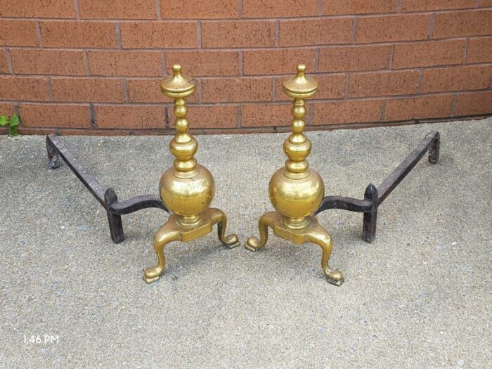 pair 19th century edwardian cast brass fireplace andirons 3085