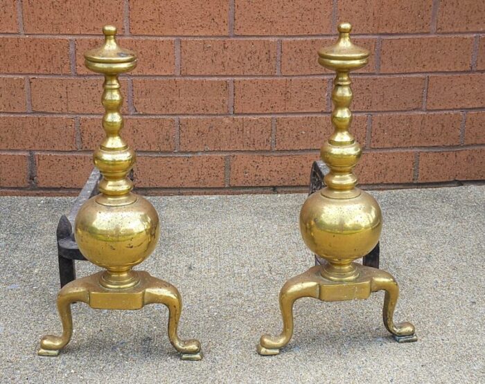 pair 19th century edwardian cast brass fireplace andirons 4536