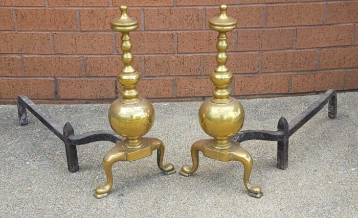 pair 19th century edwardian cast brass fireplace andirons 8354