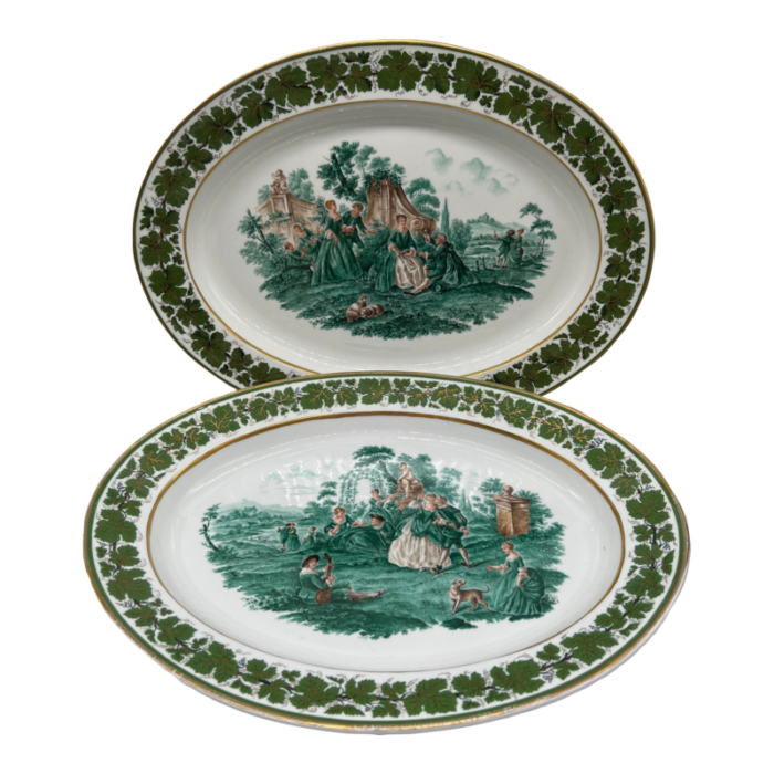 pair meissen opposing courting scene porcelain green ivy platters 1975 circa 1940 0983