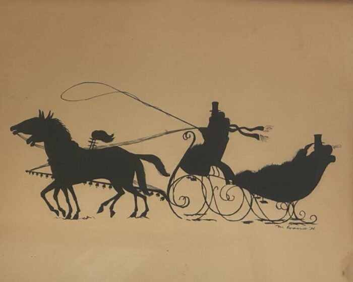 pair of 1960s vintage silhouette art pieces on board carriage and sled 7706