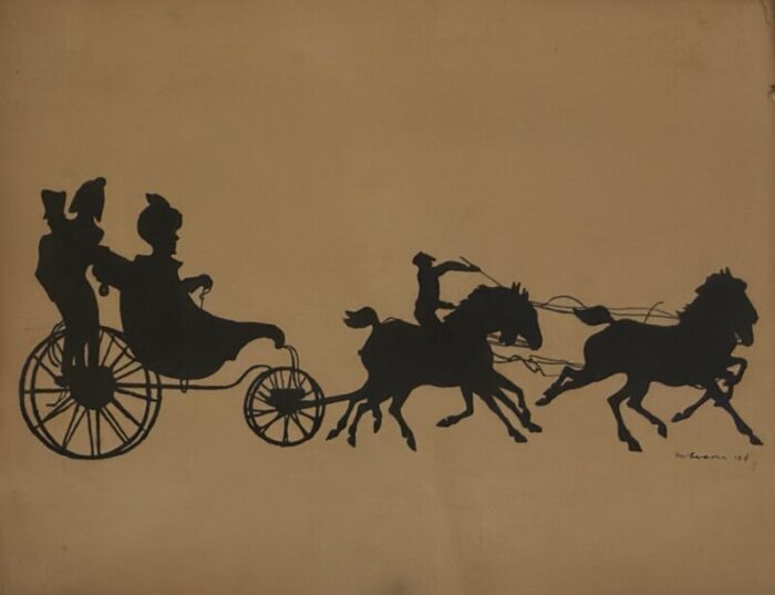 pair of 1960s vintage silhouette art pieces on board carriage and sled 8836