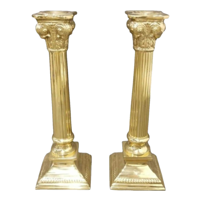 pair of 1980s solid brass ornate neoclassical corinthian column candle holders 6438