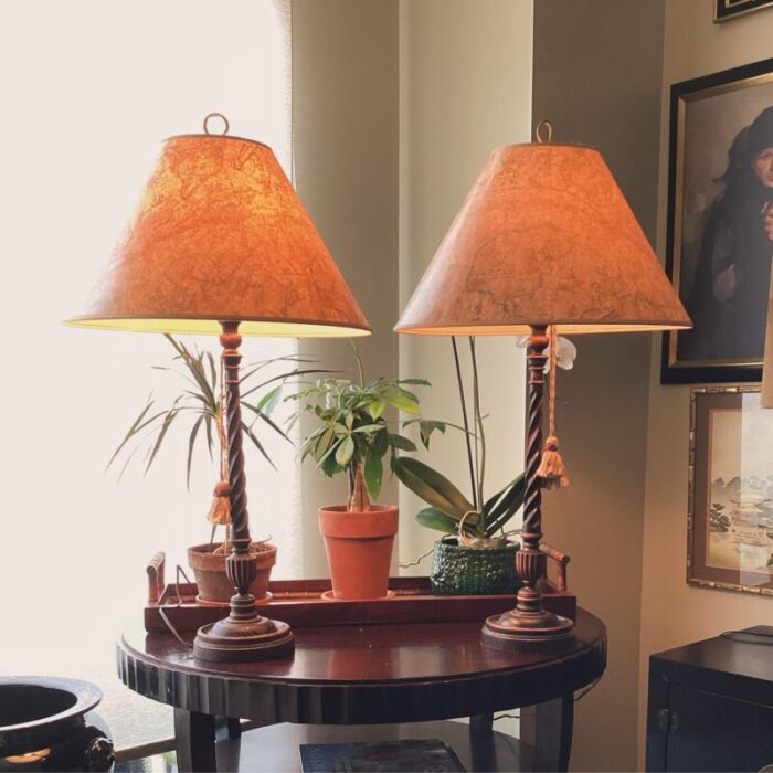 pair of 1990s maitland smith style barley twist lamps with tassels and map themed shades 2522