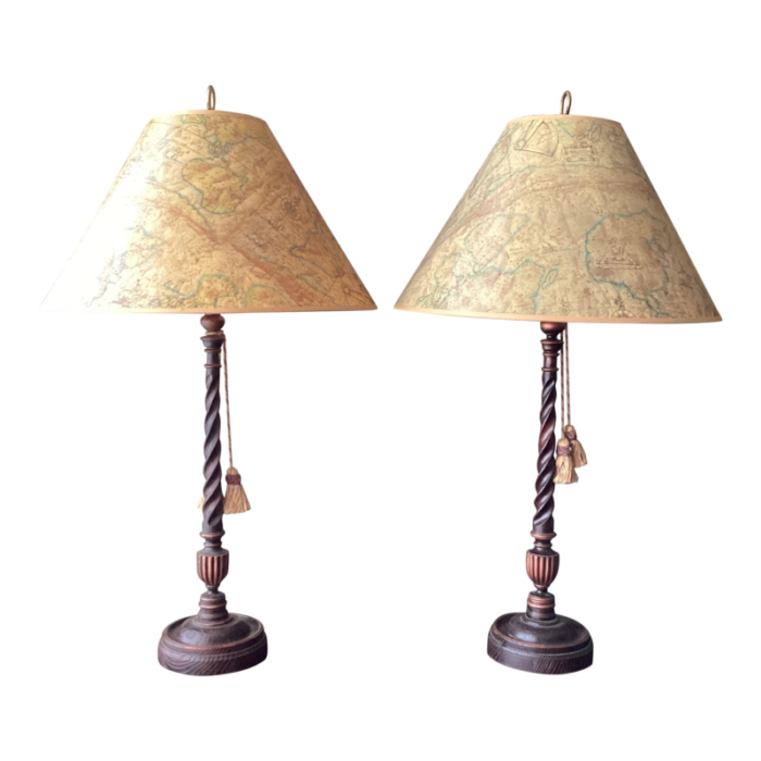 pair of 1990s maitland smith style barley twist lamps with tassels and map themed shades 9469