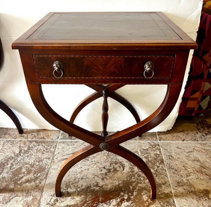 pair of antique mahogany x base leather top end tables nightstands 0362