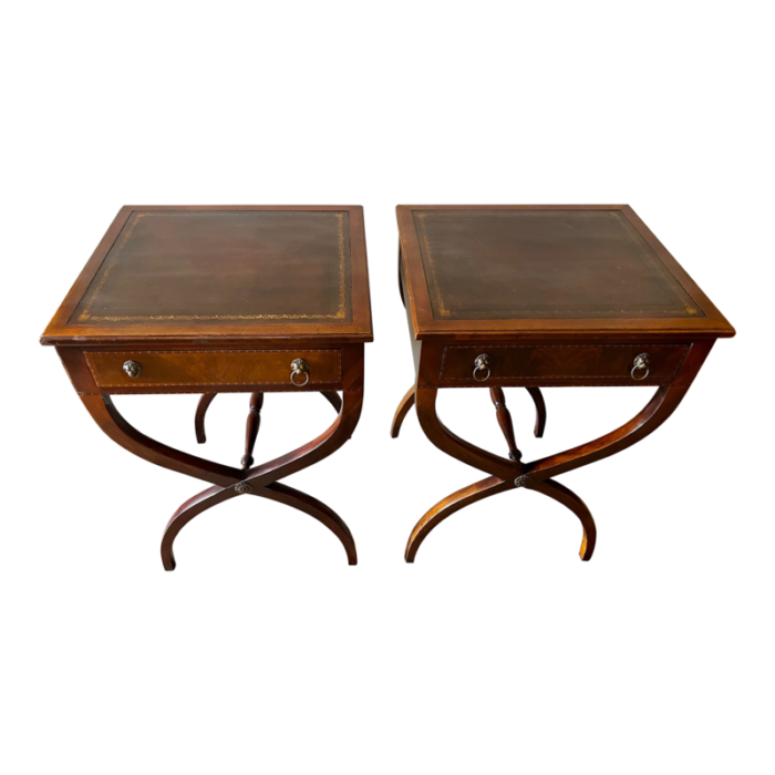 pair of antique mahogany x base leather top end tables nightstands 1770