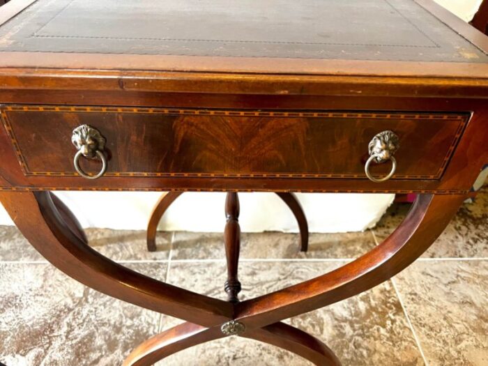 pair of antique mahogany x base leather top end tables nightstands 2143