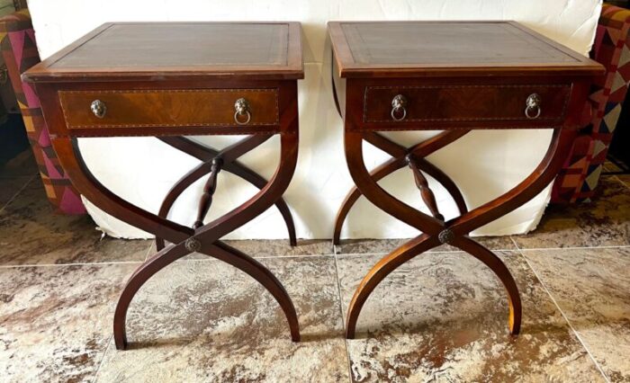 pair of antique mahogany x base leather top end tables nightstands 5815