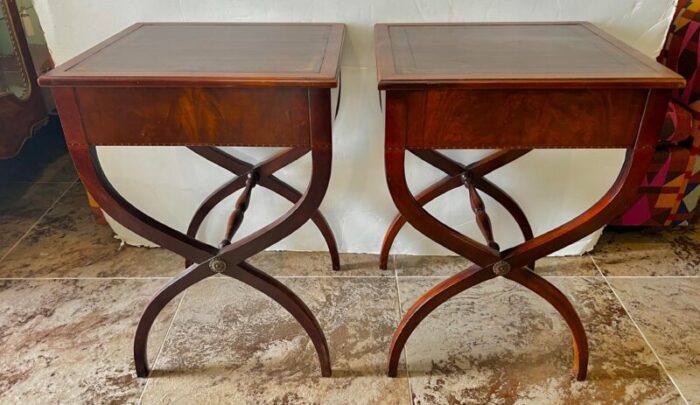 pair of antique mahogany x base leather top end tables nightstands 6926