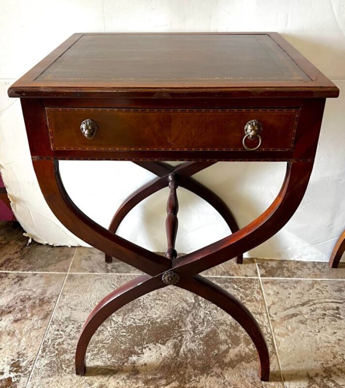 pair of antique mahogany x base leather top end tables nightstands 8270