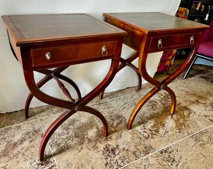 pair of antique mahogany x base leather top end tables nightstands 8594