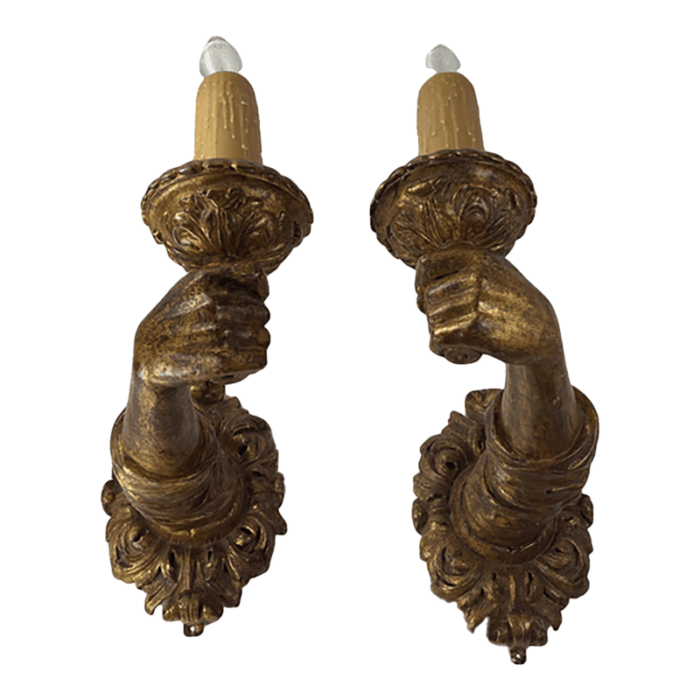 pair of baroque wood gilt 17th century italian hand carved arm sconces 7886