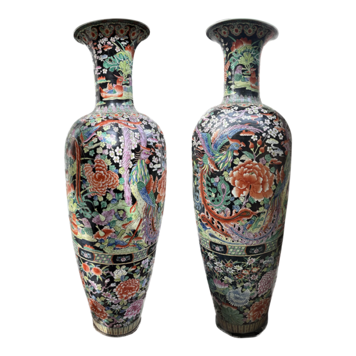 pair of large late 20th century blackground chinese urns 7715