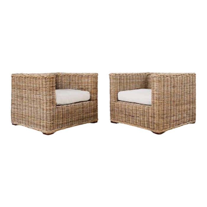 pair of michael taylor style organic modern rattan cube chairs 1172