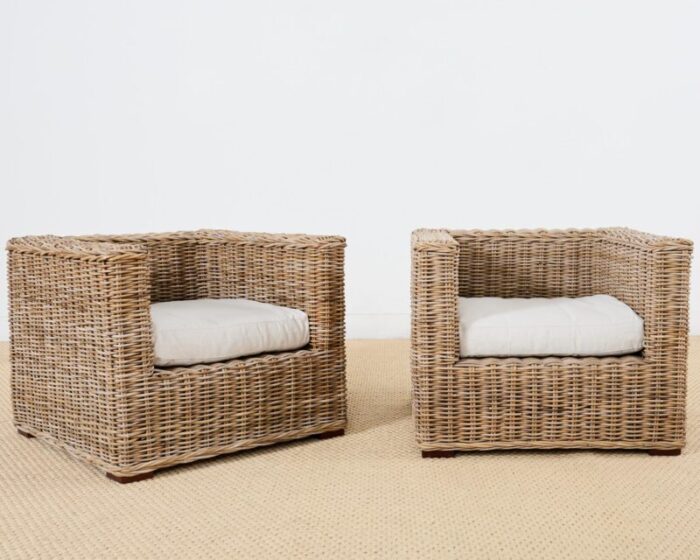 pair of michael taylor style organic modern rattan cube chairs 2706