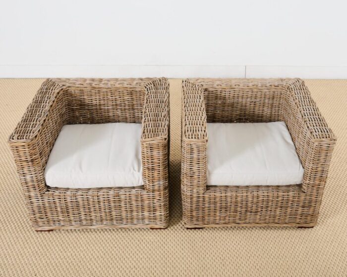 pair of michael taylor style organic modern rattan cube chairs 9399