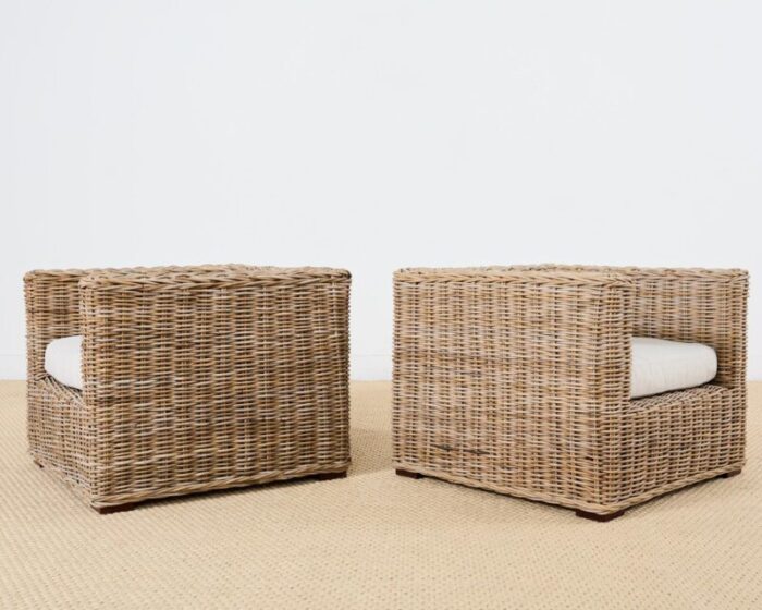 pair of michael taylor style organic modern rattan cube chairs 9521