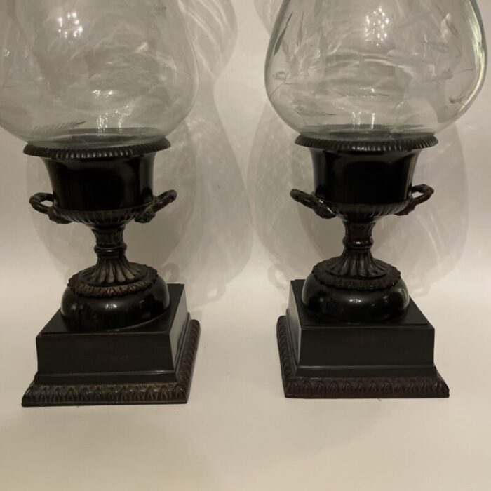 pair of mid 20th century classical capana bronze urns with hurricane globes 5816