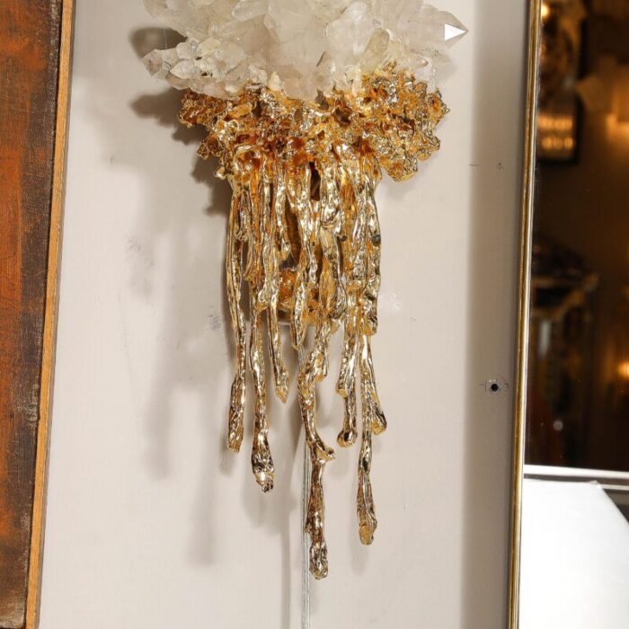 pair of modernist sconces in exploded 24k gilt bronze and crystal by claude boeltz 1008