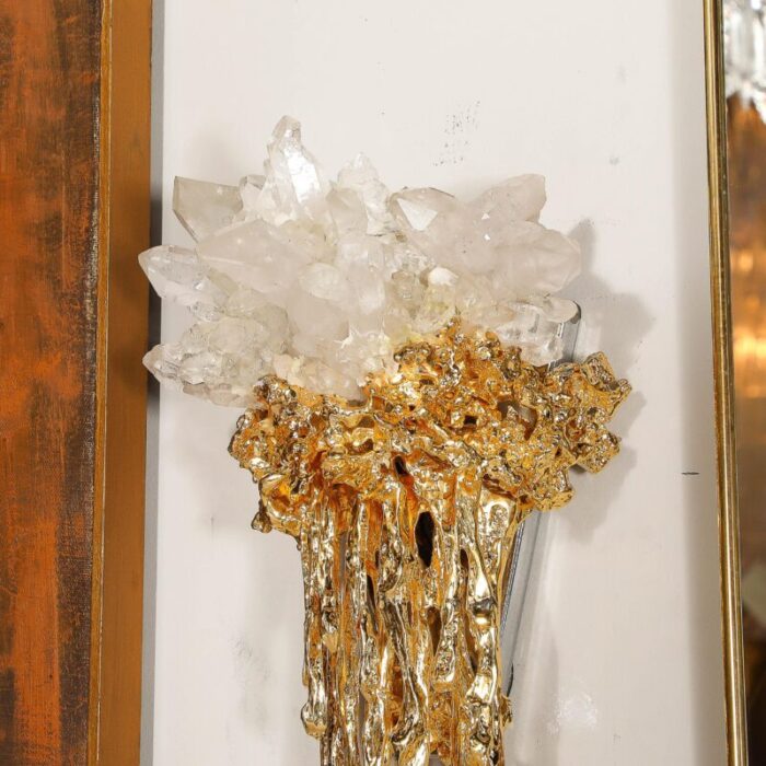 pair of modernist sconces in exploded 24k gilt bronze and crystal by claude boeltz 1404