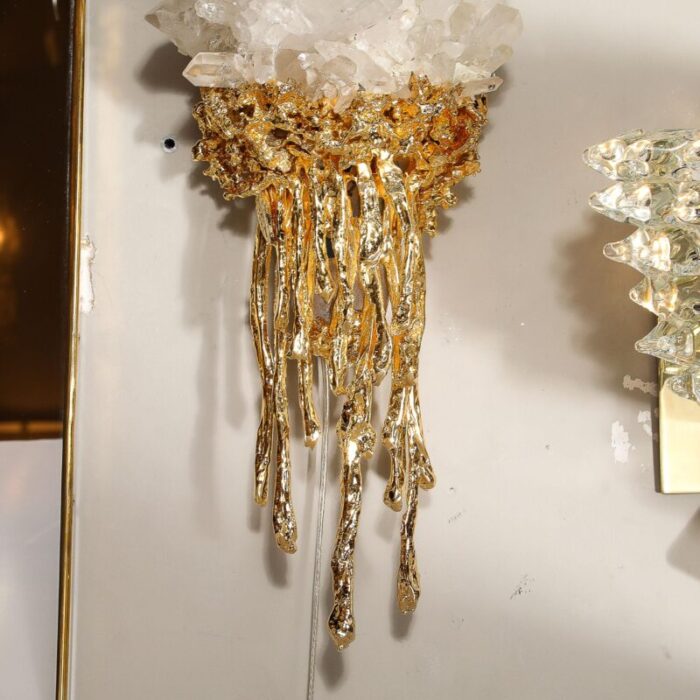 pair of modernist sconces in exploded 24k gilt bronze and crystal by claude boeltz 1451