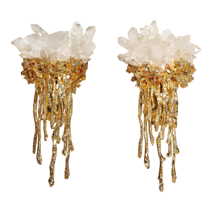 pair of modernist sconces in exploded 24k gilt bronze and crystal by claude boeltz 5150