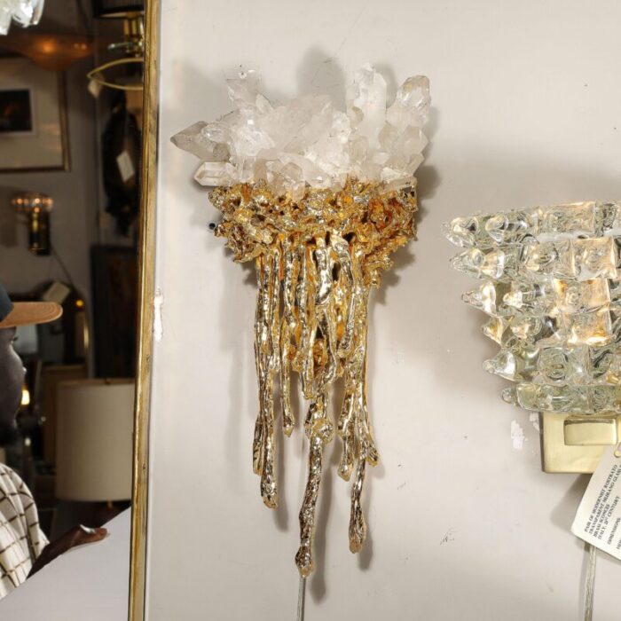 pair of modernist sconces in exploded 24k gilt bronze and crystal by claude boeltz 6909