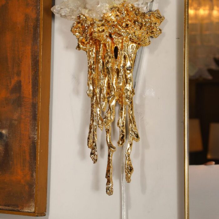 pair of modernist sconces in exploded 24k gilt bronze and crystal by claude boeltz 7887