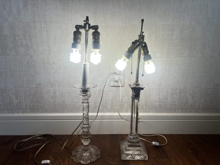 pair of vintage 1920s 30s english cut crystal table lamps 2363