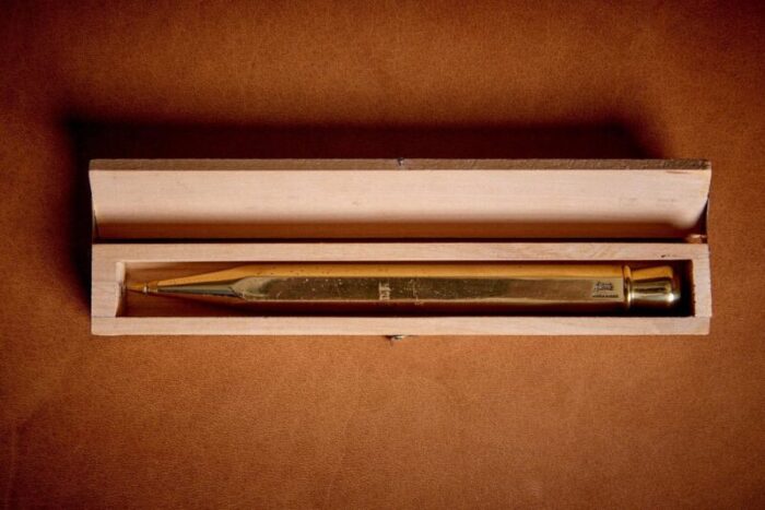 pen brass paperweight in original wooden box attributed to carl auboeck austria 1950s 3