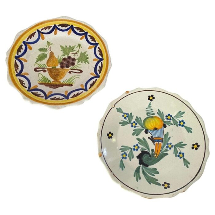 plates in french faience yellow and green set of 2 1