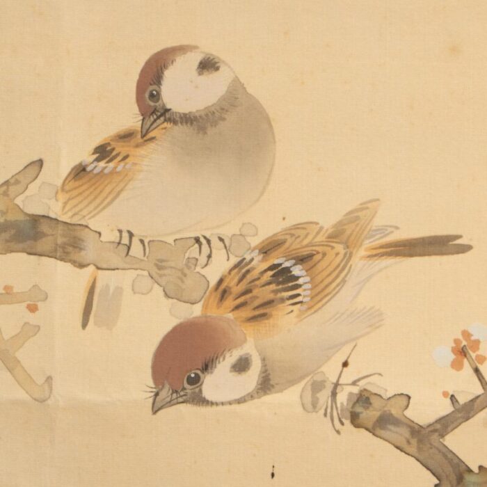 pre 1940s showa era japanese large watercolor painting on silk sparrows and sakura 1491