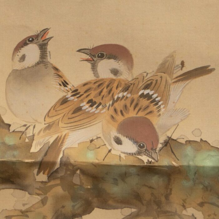 pre 1940s showa era japanese large watercolor painting on silk sparrows and sakura 1639