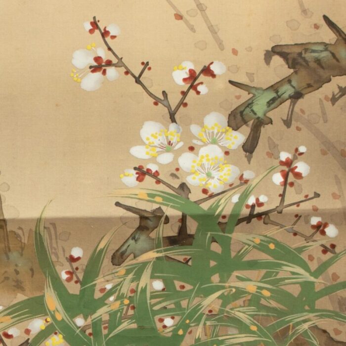 pre 1940s showa era japanese large watercolor painting on silk sparrows and sakura 2566