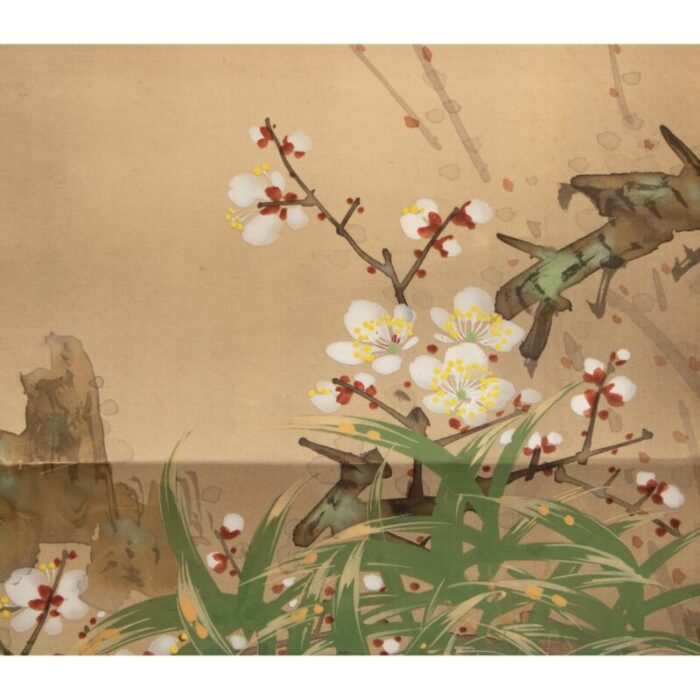 pre 1940s showa era japanese large watercolor painting on silk sparrows and sakura 3303