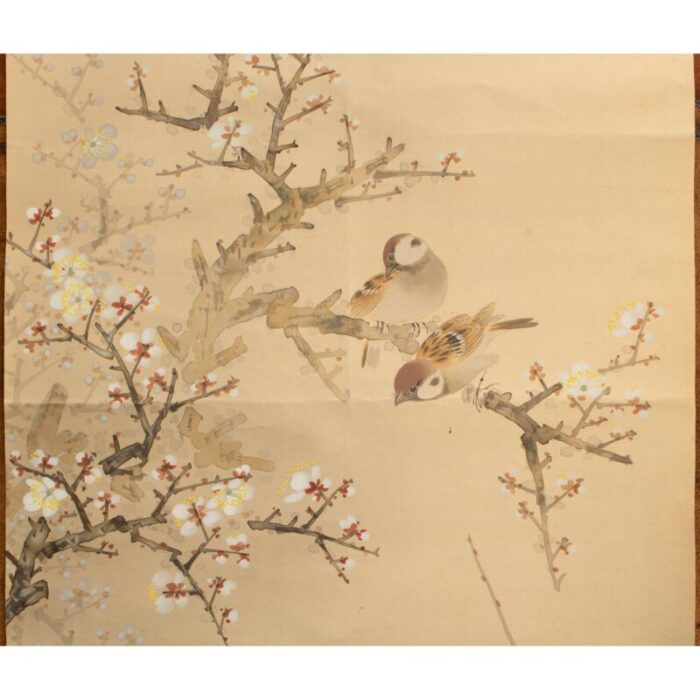 pre 1940s showa era japanese large watercolor painting on silk sparrows and sakura 4455