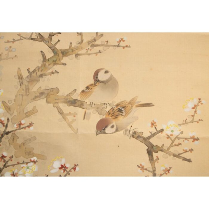 pre 1940s showa era japanese large watercolor painting on silk sparrows and sakura 4633