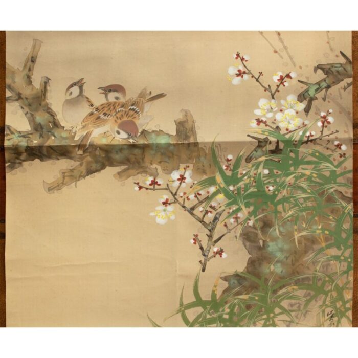 pre 1940s showa era japanese large watercolor painting on silk sparrows and sakura 5152