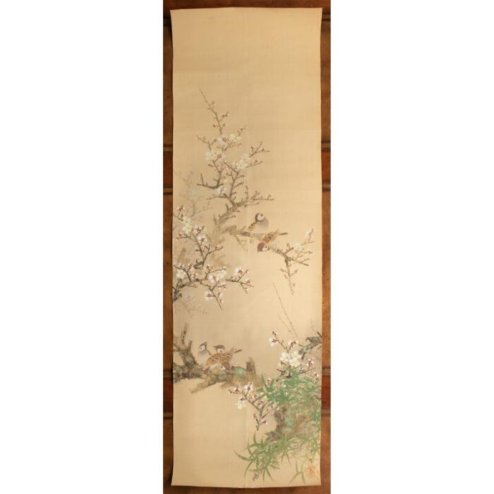 pre 1940s showa era japanese large watercolor painting on silk sparrows and sakura 5974