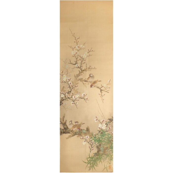 pre 1940s showa era japanese large watercolor painting on silk sparrows and sakura 9377