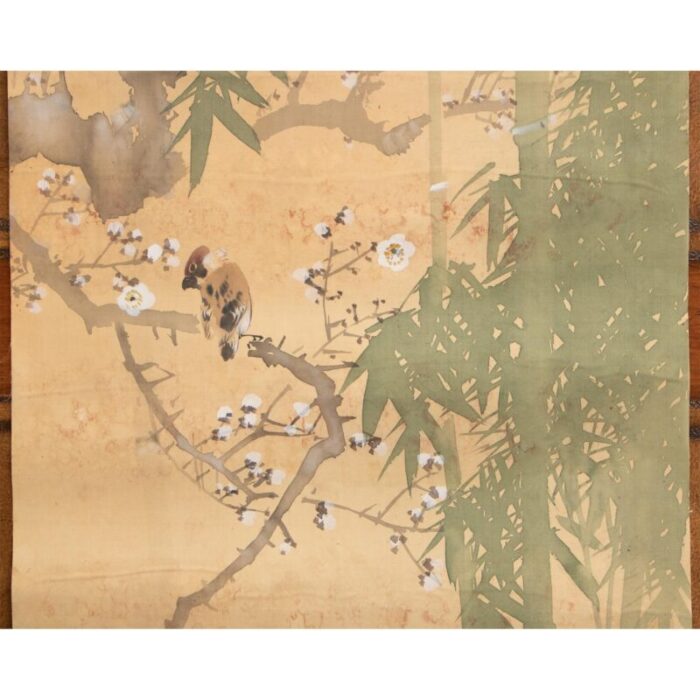 pre 1940s showa era japanese large watercolor painting on silk sparrows sakura and bamboo 0627