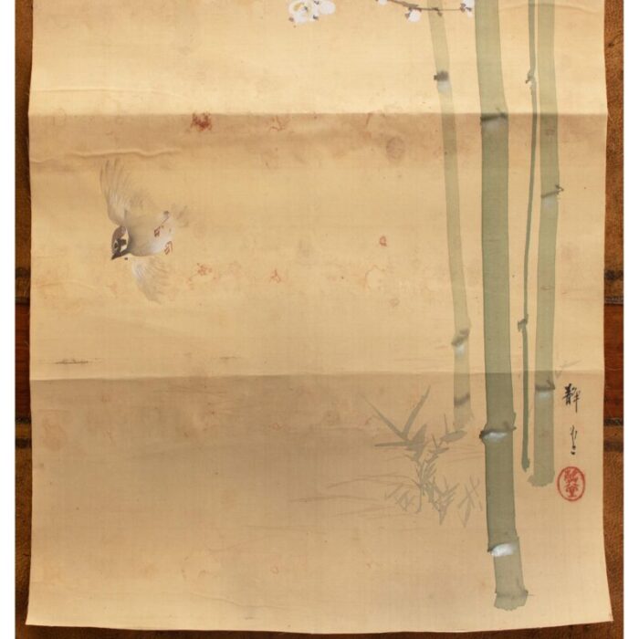 pre 1940s showa era japanese large watercolor painting on silk sparrows sakura and bamboo 1928