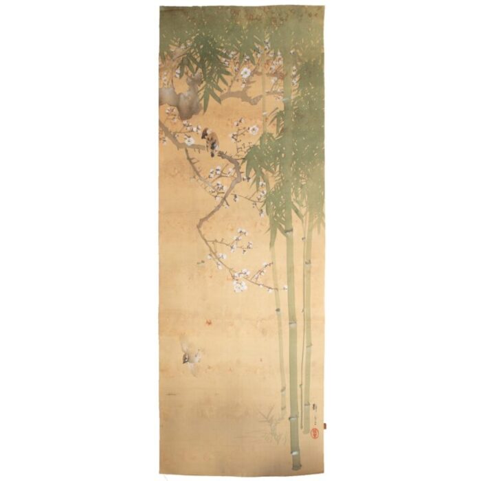 pre 1940s showa era japanese large watercolor painting on silk sparrows sakura and bamboo 3064