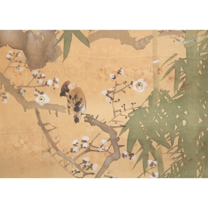 pre 1940s showa era japanese large watercolor painting on silk sparrows sakura and bamboo 3106